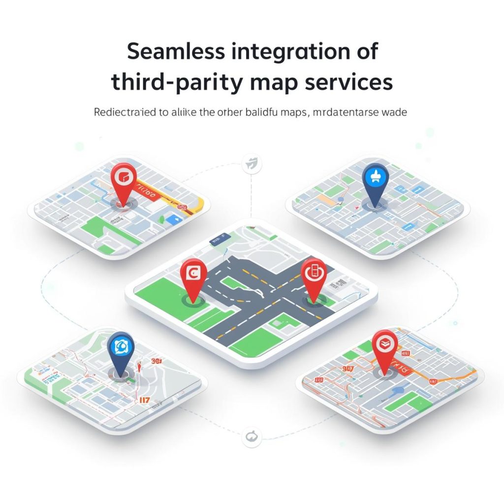 third party map integration(white background) indoor and outdoor maps overlay on third party platforms with 1 1 reproduction of roads and pois; supports redirection to tencent maps, baidu maps, and others.